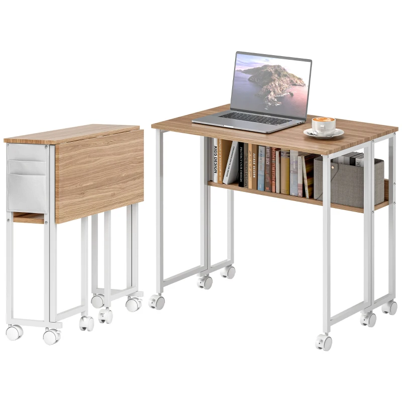 HOMCOM Faltbarer Schreibtisch, zum Beistelltisch umwandelbar, offenes Regal, Natur