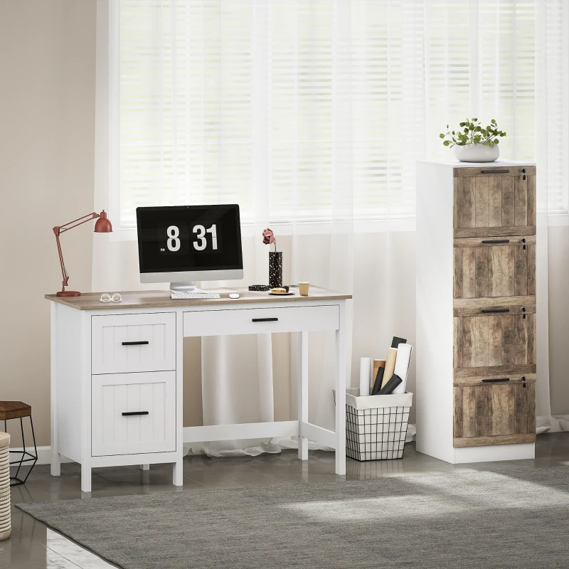 HOMCOM Cajonera de Escritorio con 4 Cajones Cerradura 2 Llaves Barras Colgantes para A4 Carta 39,4x40x129 cm Blanco y Madera