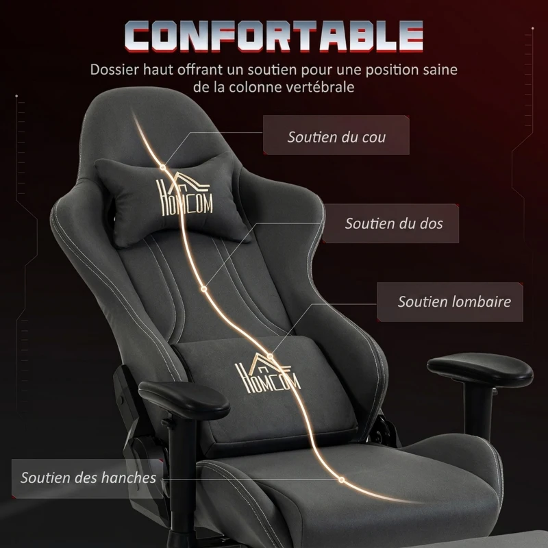 HOMCOM Chaise gaming ergonomique, fauteuil gamer avec accoudoirs 3D, dossier inclinable, hauteur réglable, 72x76x132cm, gris