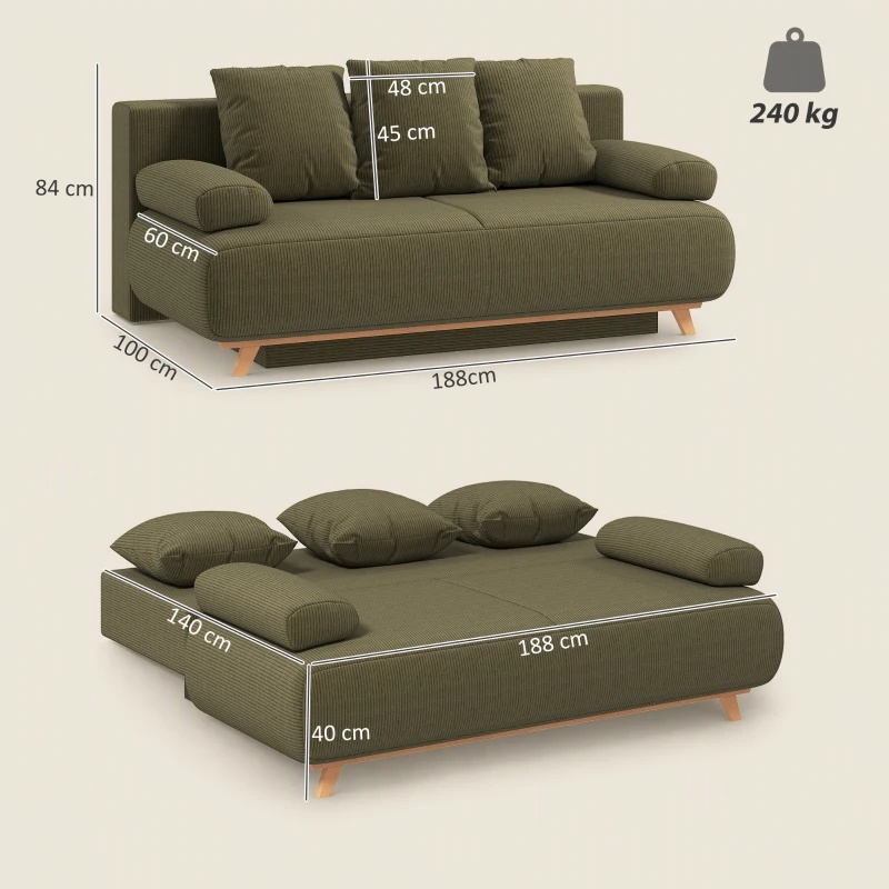 HOMCOM Sofá Cama con Respaldo Ajustable Función de Cama Almacenamiento Oculto y Tapizado de Pana Verde Oscuro