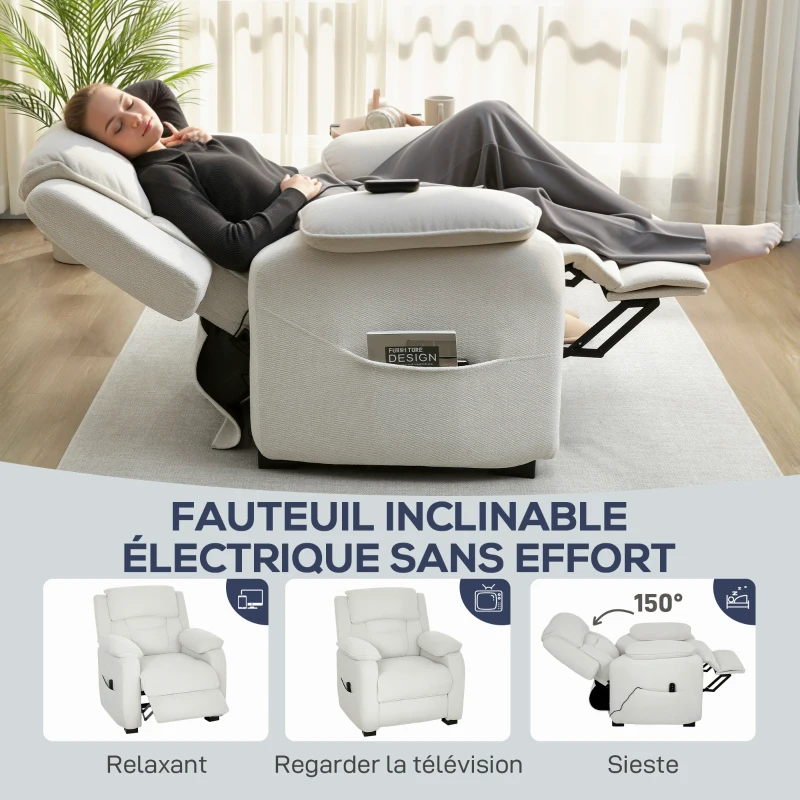HOMCOM Fauteuil relax électrique fauteuil inclinable port USB repose-pieds poches latérales télécommande 86x90x103cm beige