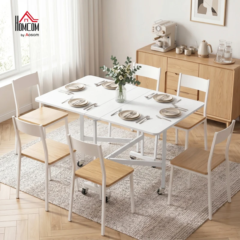 HOMCOM Table à Manger Pliante sur Roulettes pour 4-6 Personnes 120 cm, Roues avec Freins, 2 Abattants, Style Industriel, Blanc