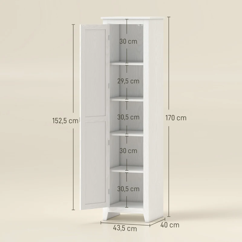 HOMCOM Credenza Cucina Alta Rustica con Anta, Ripiani Regolabili per Sala da Pranzo Soggiorno, 43.5x40x170 cm, Bianco