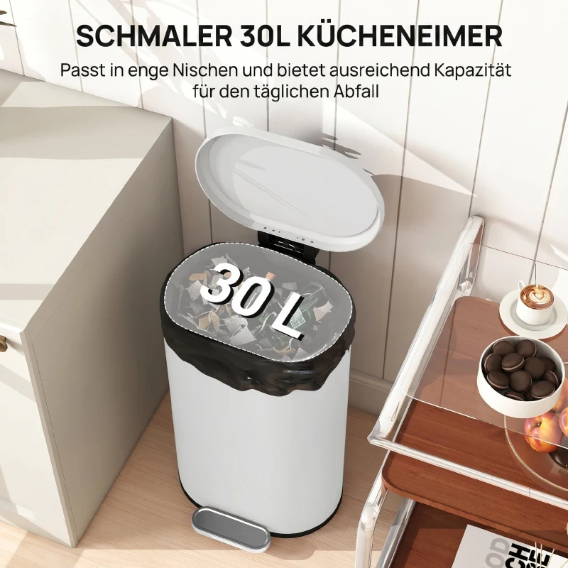 HOMCOM Mülleimer Küche 30 Liter Treteimer mit Soft-Close-Deckel, Pedal aus Metall, Cremeweiß, 36,5 X 31 x 61 cm