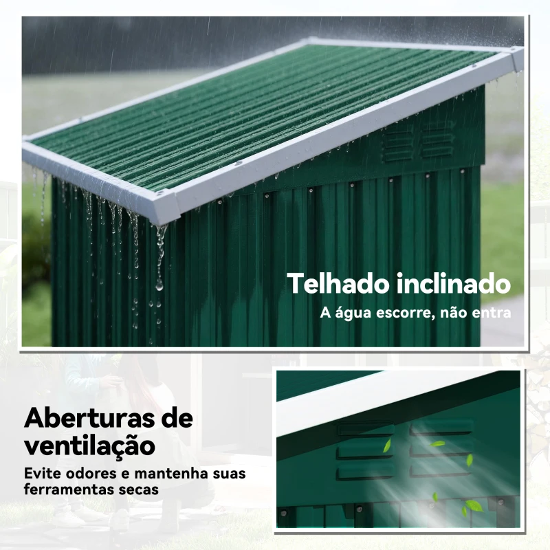 Outsunny Abrigo Exterior Metálico 107,5x91x185 cm Abrigo de Jardim com Teto Inclinado Porta com Trinco Ventilação e Luvas Verde