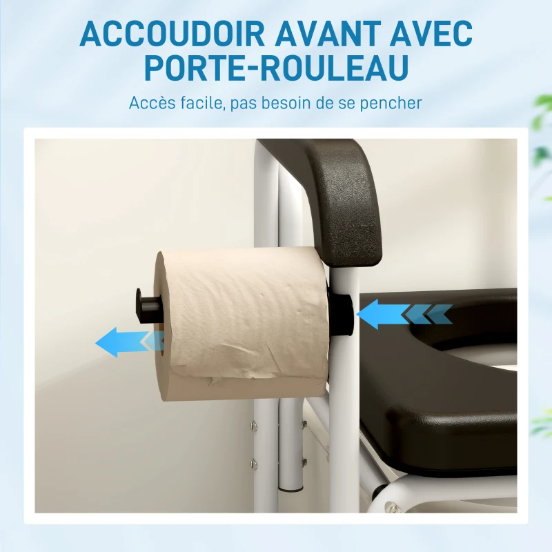 HOMCOM Chaise percée adulte à roulettes, chaise percée de douche avec repose-pieds, dossier et accoudoirs, 53x97x97cm, noir