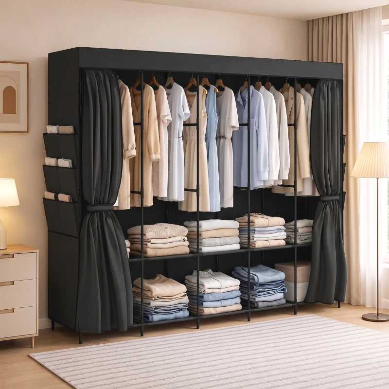 HOMCOM Roupeiro de Tecido com 5 Barras 5 Prateleiras 6 Bolsos Laterais Fecho de Correr Estrutura em Aço 212x45x167 cm Preto