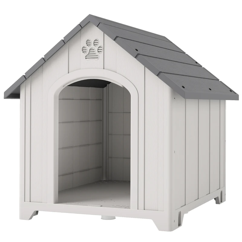 PawHut Caseta para Perros Exterior Casa para Perros Grandes de Plástico con 2 Ventanas Base Elevada Estacas Gris