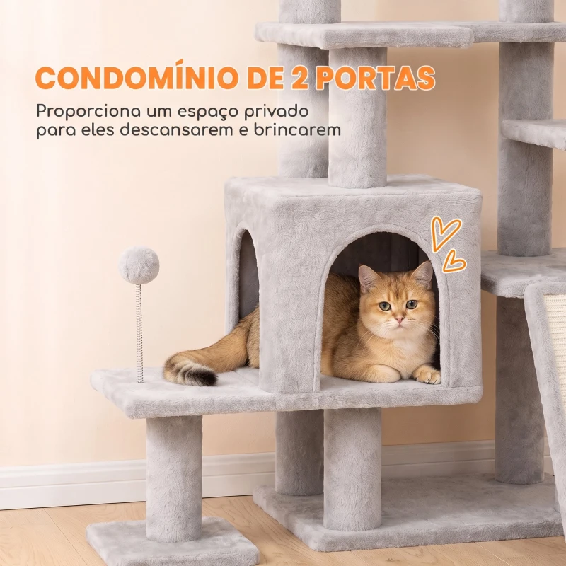 PawHut Árvore Arranhadora para Gatos 152 cm Multinível com Casinha, Rede, Cama, Escada Arranhadora, 4 Postes de Sisal e Bolas, Cinzento Claro