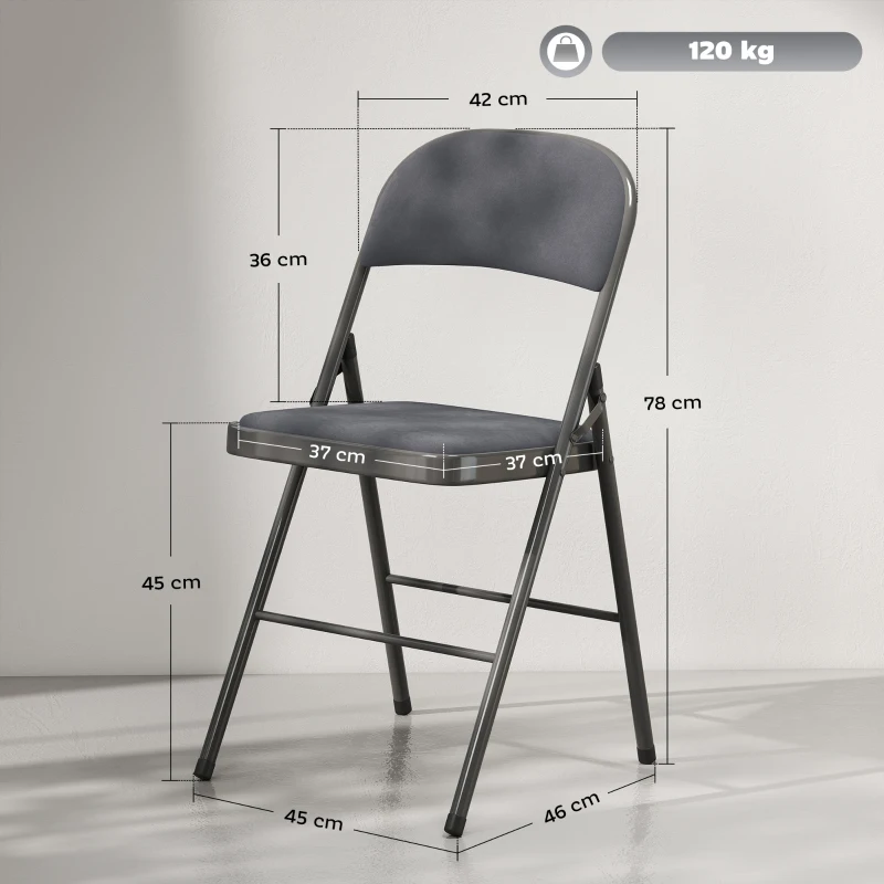 HOMCOM Lot de 4 chaises pliantes et portables intérieur avec assises et dossiers rembourrés en velours, cadre en acier, gris foncé