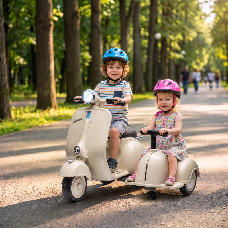 AIYAPLAY Mota Elétrica Infantil VESPA com 2 Assentos, Arranque Suave, Luz, Música, USB e Arrumação, Creme