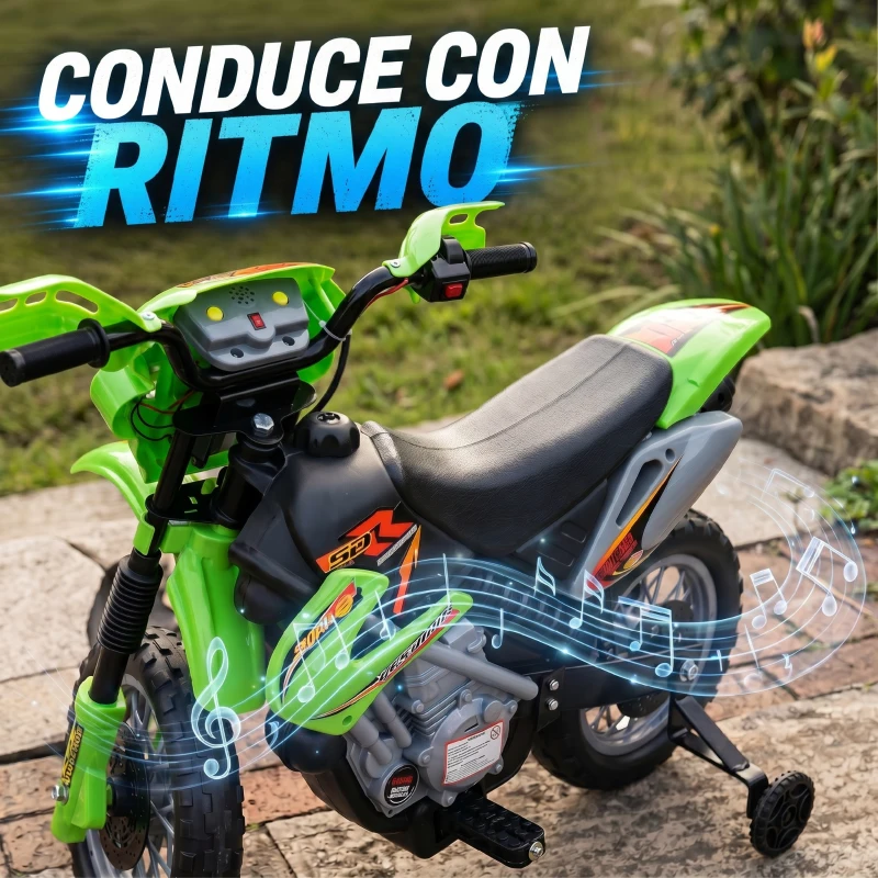 HOMCOM Moto Eléctrica para Niños con Ruedas de Apoyo Desmontables Faros y Música para Niños 3-6 Años Verde