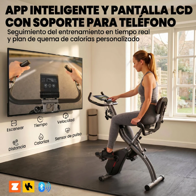SPORTNOW Bicicleta Estática Plegable con 8 Niveles de Resistencia Volante Pantalla LCD Bluetooth Pulsómetro y Sillín Ajustable