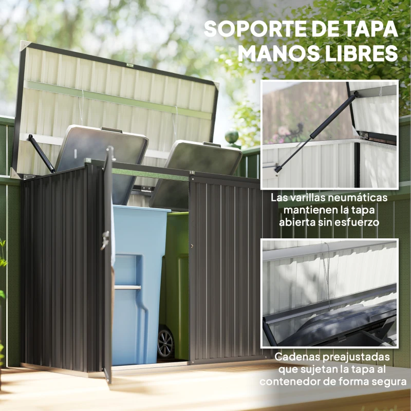 Outsunny Cobertizo para Contenedor de Basura Doble de Acero Galvanizado de 240L con Tapa Abatible y Puertas con Cerradura Gris