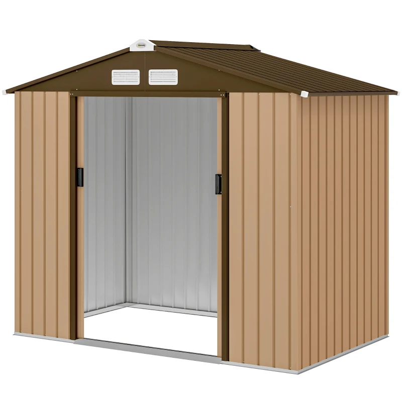 Outsunny Abrigo de Jardim Exterior 2,42 m² 213x130x185 cm com Porta de Correr, Ventilação e Luvas, Amarelo