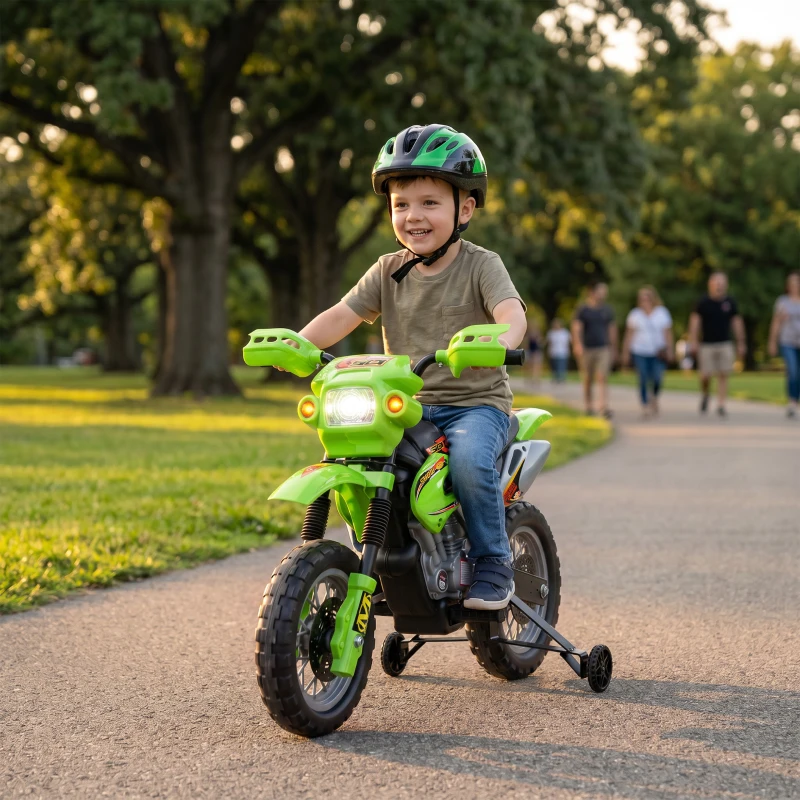 HOMCOM Moto Eléctrica para Niños con Ruedas de Apoyo Desmontables Faros y Música para Niños 3-6 Años Verde
