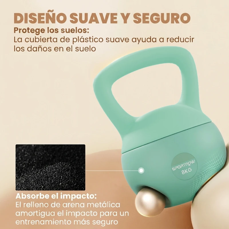 SPORTNOW Pesa Rusa 8 kg Kettlebell Relleno de Arena Metálica y Mango Antideslizante para Entrenamiento en Casa 19x19x28 cm Verde