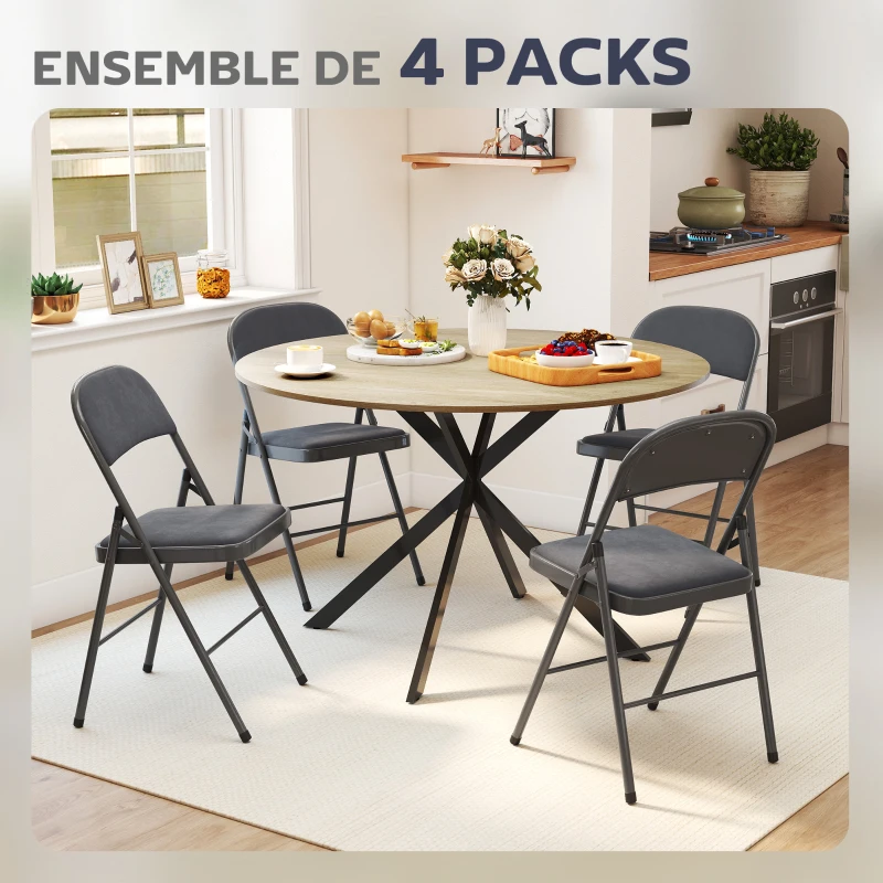 HOMCOM Lot de 4 chaises pliantes et portables intérieur avec assises et dossiers rembourrés en velours, cadre en acier, gris foncé