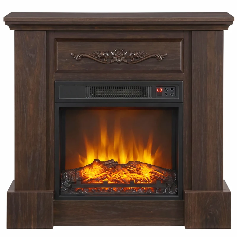 HOMCOM Chimenea eléctrica de suelo 1800 W con efecto de llama, mando a distancia, temporizador y temperatura regulable, Marrón