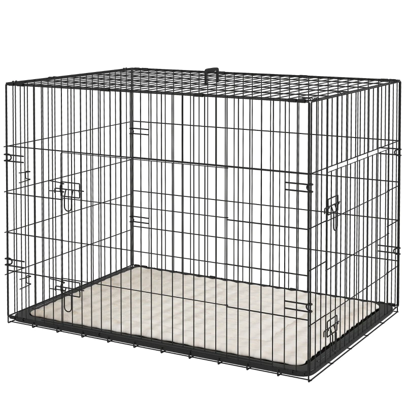 PawHut Gaiola Dobrável para Cães com Almofada, Portas e Tabuleiro Removível, 90 x 57,5 x 62 cm, Preto e Bege