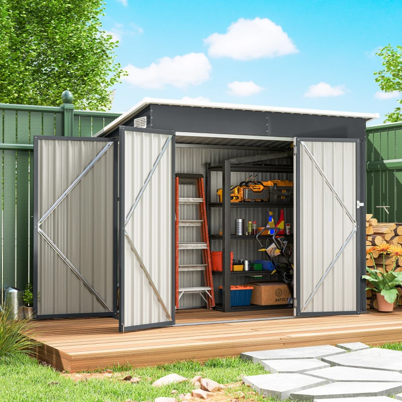 Outsunny Abrigo de Jardim Exterior 2,7 m² 234x132x185 cm com Três Portas Fechadura e Grelhas de Ventilação Cinzento