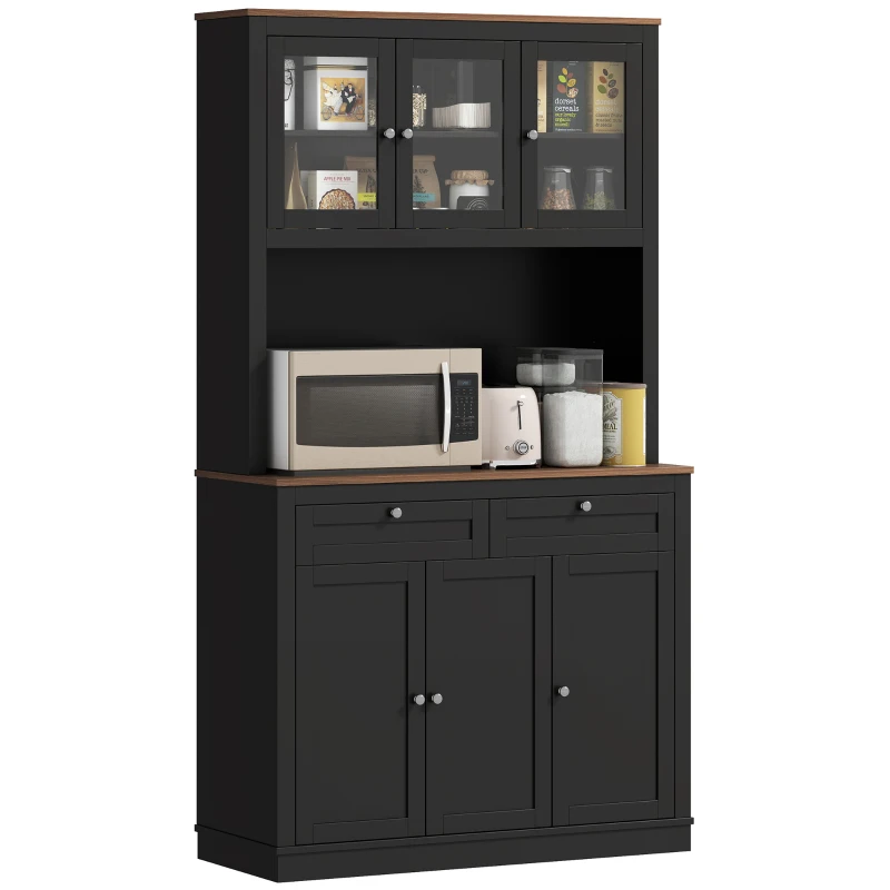 HOMCOM Alacena de Cocina con 3 Puertas de Vidrio Compartimento Abierto 2 Cajones y Estantes Ajustables 100x40x180 cm Negro
