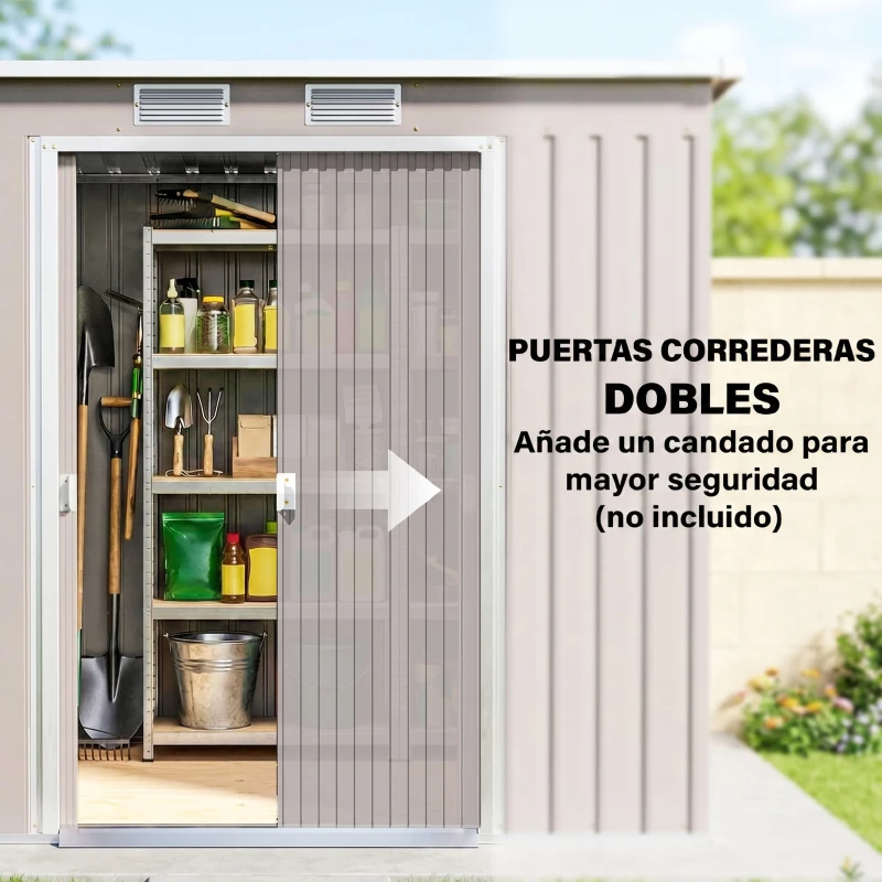 Outsunny Cobertizo de Jardín Exterior 2,42 m² 213x130x172 cm con Puerta Corredera Techo Inclinado Base y 2 Ventanas Gris Claro
