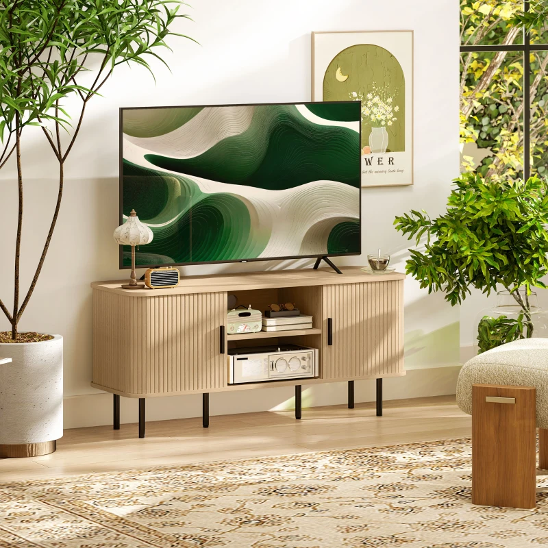 HOMCOM Meuble TV avec 2 portes tambour à lamelles design scandinave pour télévision jusqu'à 55 pouces 120 cm ton chêne