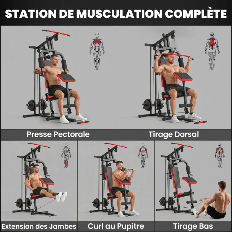 SPORTNOW Station de Musculation Multifonction à Disques Libres, avec Banc Amovible, 136x107x205cm, Noir et Rouge