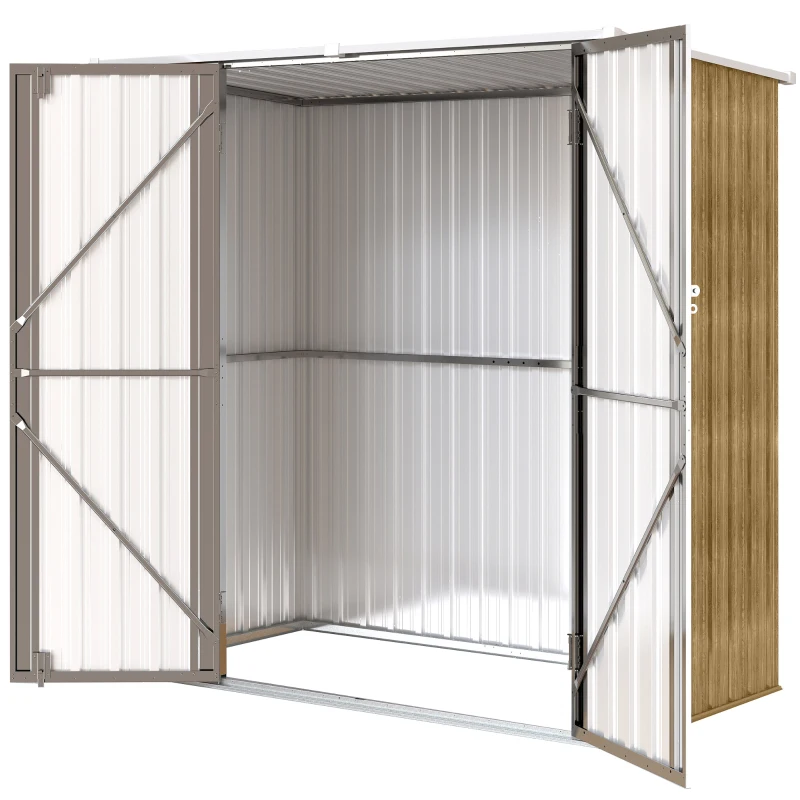 Outsunny Abrigo de Jardim Exterior Metálico 1,37 m² 163x89x163 cm com Telhado Inclinado, Portas com Fecho e Luvas Castanho