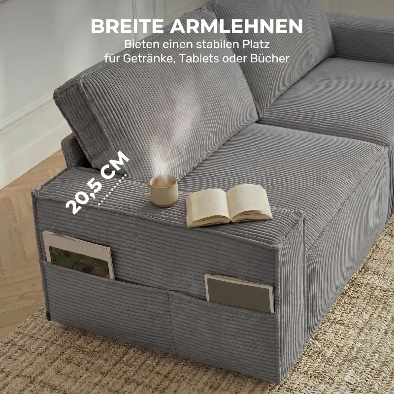 HOMCOM 218 cm brede 3-zitsbank, moderne corduroy-bank met pocketveren, brede armleuningen en 2 kussens, lichtgrijs