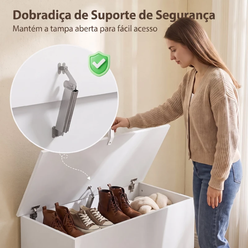 HOMCOM Baú de Arrumação 102 L com Dobradiça de Segurança Estilo Moderno para Corredor Quarto e Sala 80x40x45 cm Branco