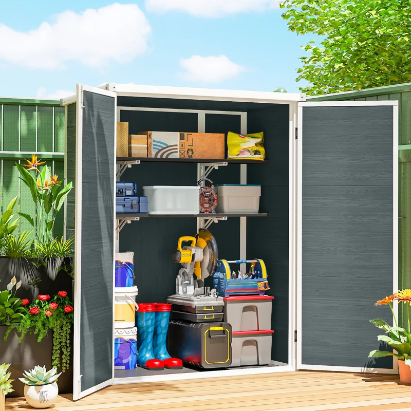 Outsunny Cobertizo de Jardín Exterior de Plástico 0,81 m² 134x68,5x170 cm con Suelo 2 Estantes Plegables Puertas con Pestillo