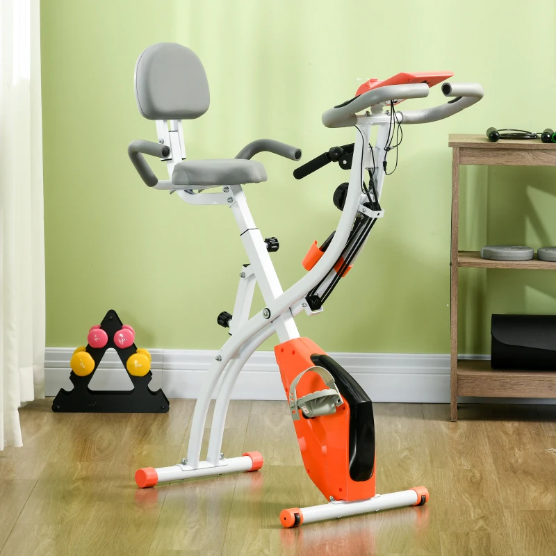 HOMCOM Bicicleta Estatica Plegable 3 en 1 con Respaldo y 8 Niveles Resistencia Magnética Bicicleta Estatica en Casa Ajustable con Monitor LCD Volante Bandas Sensor de Pulso Soporte de Teléfono Naranja