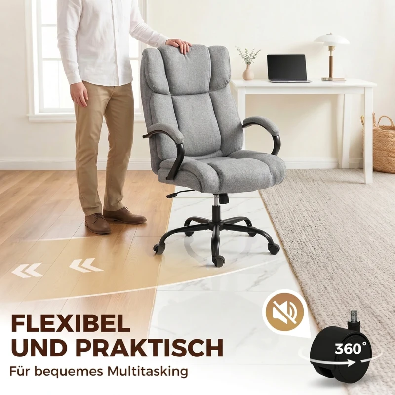 Vinsetto Bürostuhl, Ergonomischer Chefsessel bis 220 kg belastbar, Gepolsterter Schreibtischstuhl mit Armlehne, breit Sitz, Höhenverstellbarer Drehstuhl mit Wippfunktion, Leinenoptik, Hellgrau