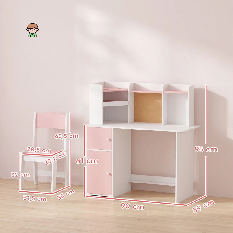 AIYAPLAY Escritorio Infantil con Silla Soporte Ajustable para Tablet Portalápices Tablero de Corcho Estantes Armarios Rosa