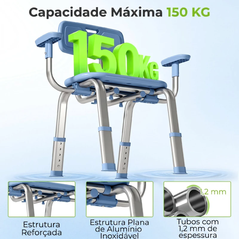 HOMCOM Cadeira de Duche para Pessoas Idosas com Apoio de Braços Ajustável Antideslizante e Altura Ajustável 60-70x52x62-72 cm Azul