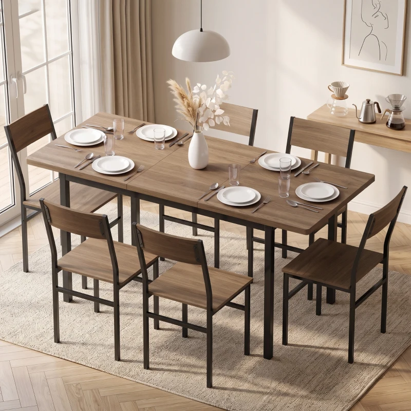 HOMCOM Conjunto de Mesa de Jantar Extensível 120-160 cm e 6 Cadeiras Empilháveis para 4-6 Pessoas Castanho Efeito Madeira