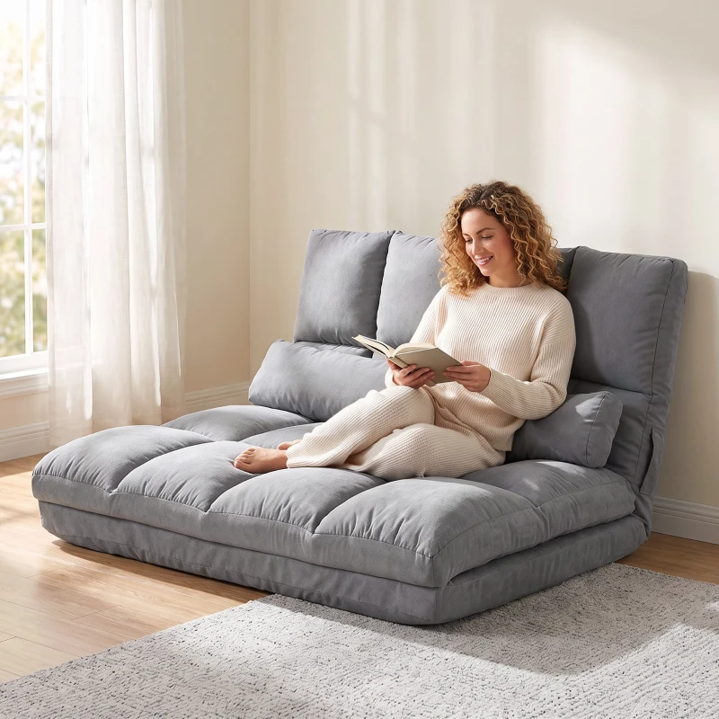 HOMCOM Chauffeuse 2 places canapé-lit convertible fauteuil de sol pliable dossier réglable 2 coussins inclus en polyester aspect suédé, pour salon, chambre et bureau, gris