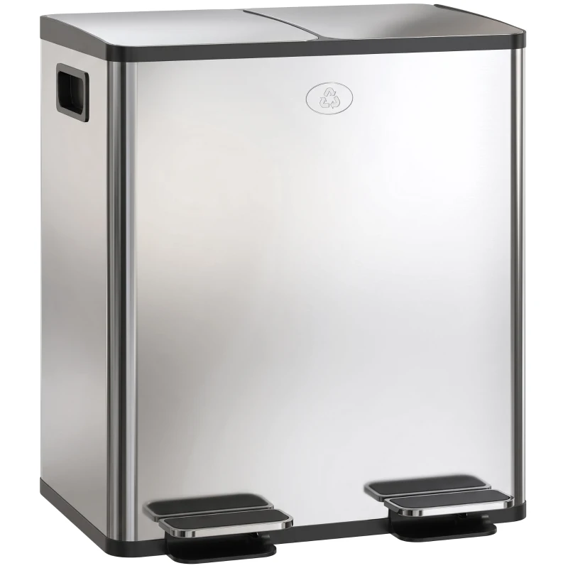 HOMCOM Coș de Gunoi cu 2 Compartimente de 20L cu Închidere Silențioasă, din Oțel Inoxidabil și PP, 45.8x36x51.6 cm