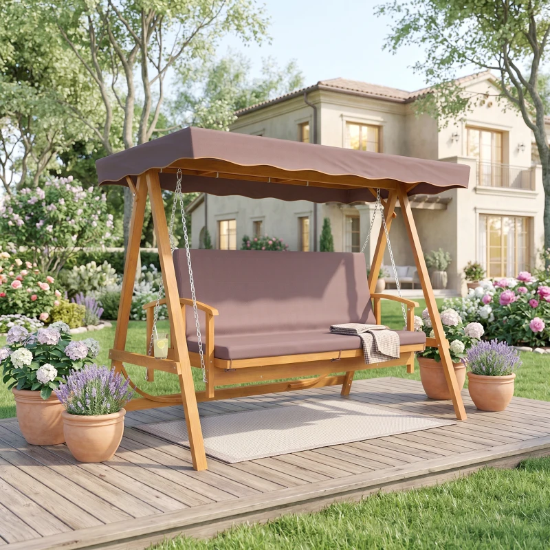 Outsunny Hollywoodschaukel mit Sonnendach, Echtholz-Gartenschaukel, Schaukelbank mit Liege-Funktion, für 3 Personen, Braun(m-2)