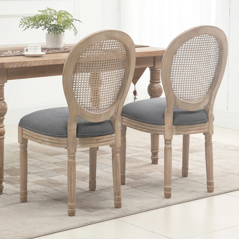 HOMCOM Set di 2 Sedie Sala da Pranzo in Tessuto Effetto Lino con Schienale in Rattan Traforato, Gambe in Legno, Grigio