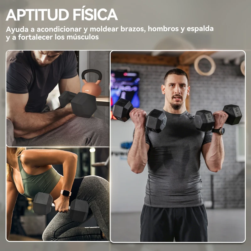 HOMCOM Set de 2 Mancuernas Hexagonales de 2x17,5 kg de Hierro Fundido Recubiertas en Goma para Entrenamiento en Casa Gimnasio