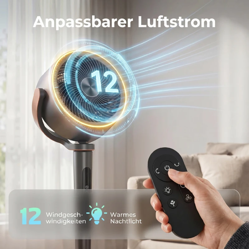 HOMCOM Standventilator Luftzirkulator Lüfter mit 12 Geschwindigkeitsstufen LED-Display Fernbedienung 70°+90° Oszillation Grau