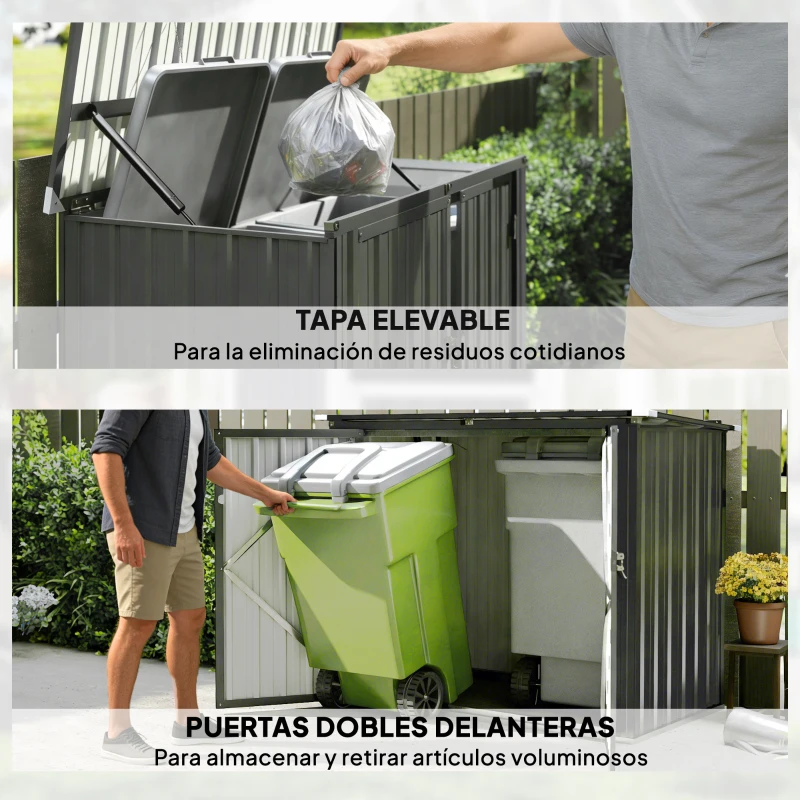 Outsunny Cobertizo para Contenedor de Basura Doble de Acero Galvanizado de 240L con Tapa Abatible y Puertas con Cerradura Gris