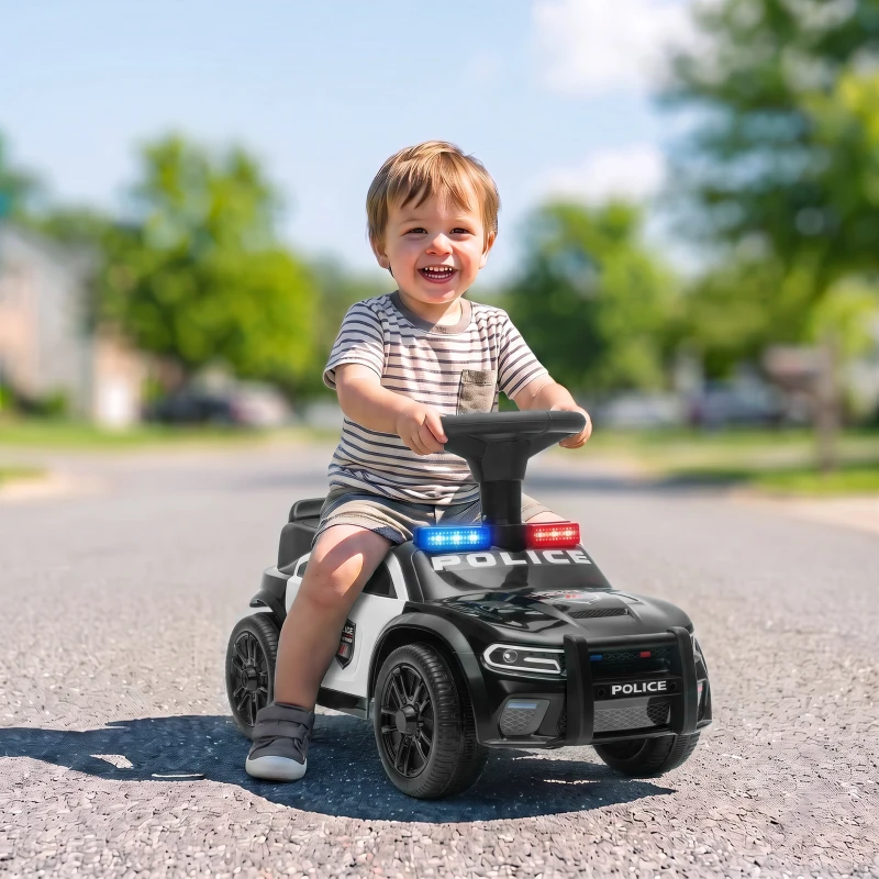 AIYAPLAY Coche Correpasillos de Policía para Niños de 18-36 Meses con Luz Música y Espacio de Almacenaje 65x29,5x36 cm Negro