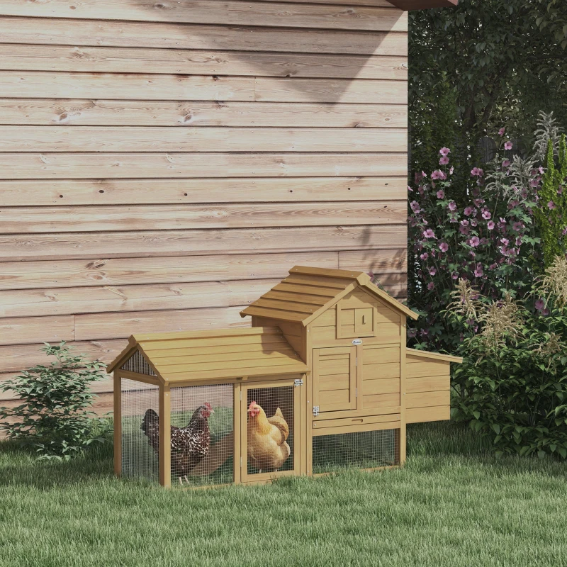 PawHut Gallinero de Madera para Exterior XXL Gallinero con 2 Corrales de Alambre Caja Nido con Techo Abrible Bandeja Extraíble de Metal Galvanizado y Rampa 151,5x54x87 cm Natural