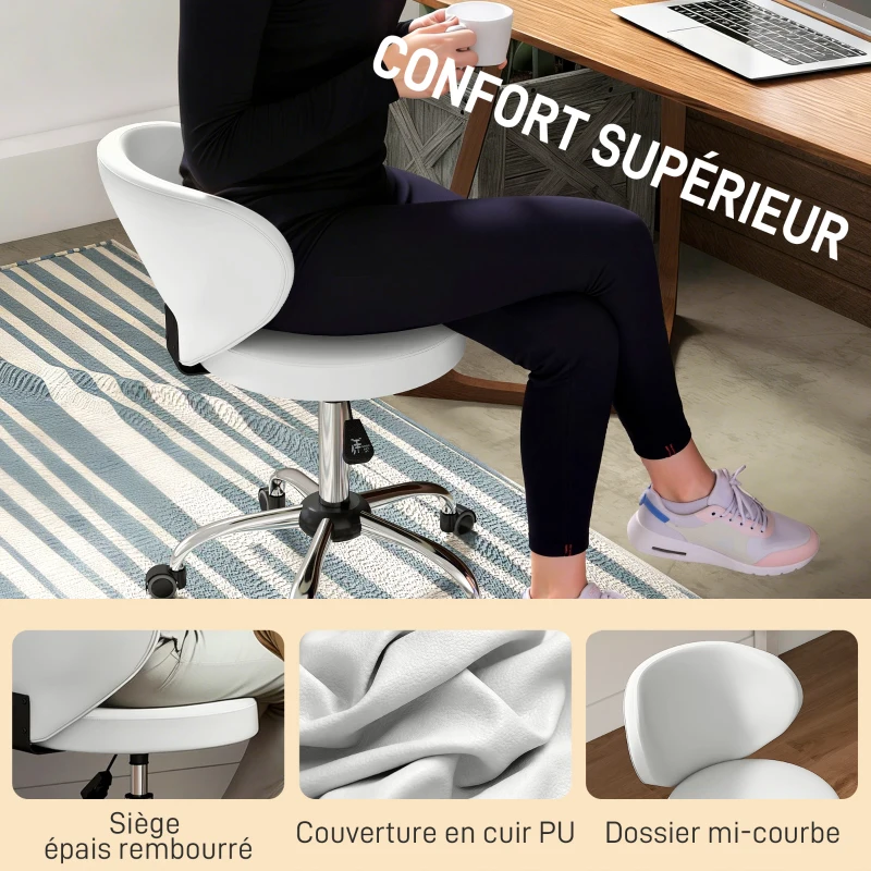 HOMCOM Tabouret à roulettes, tabouret de massage en PU avec hauteur réglable 73-88 cm et dossier, pivotant 360°, blanc