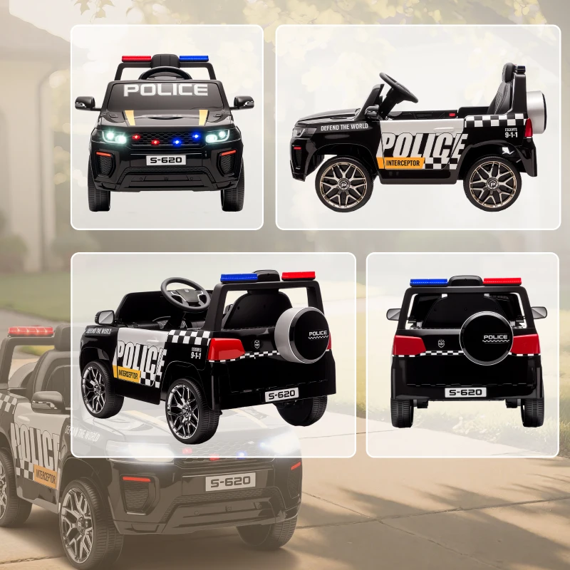 AIYAPLAY Coche Eléctrico para Niños de Policía con Mando a Distancia Motor Doble Sirena Suspensión en 4 Ruedas y Faros Negro