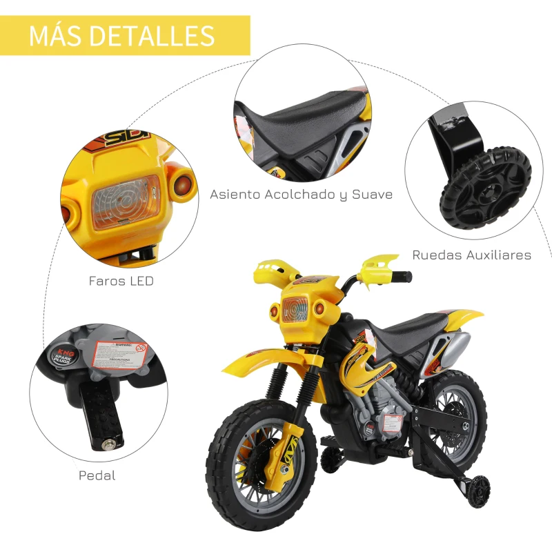 HOMCOM Moto Eléctrica para Niños con Ruedas de Apoyo Desmontables Faros y Música para Niños 3-6 Años Amarillo